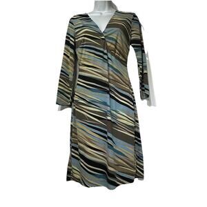 BCBG MaxAzria Stretch Dress M Surplice Wrap Blue Brown Stripe 3/4 Sleeve